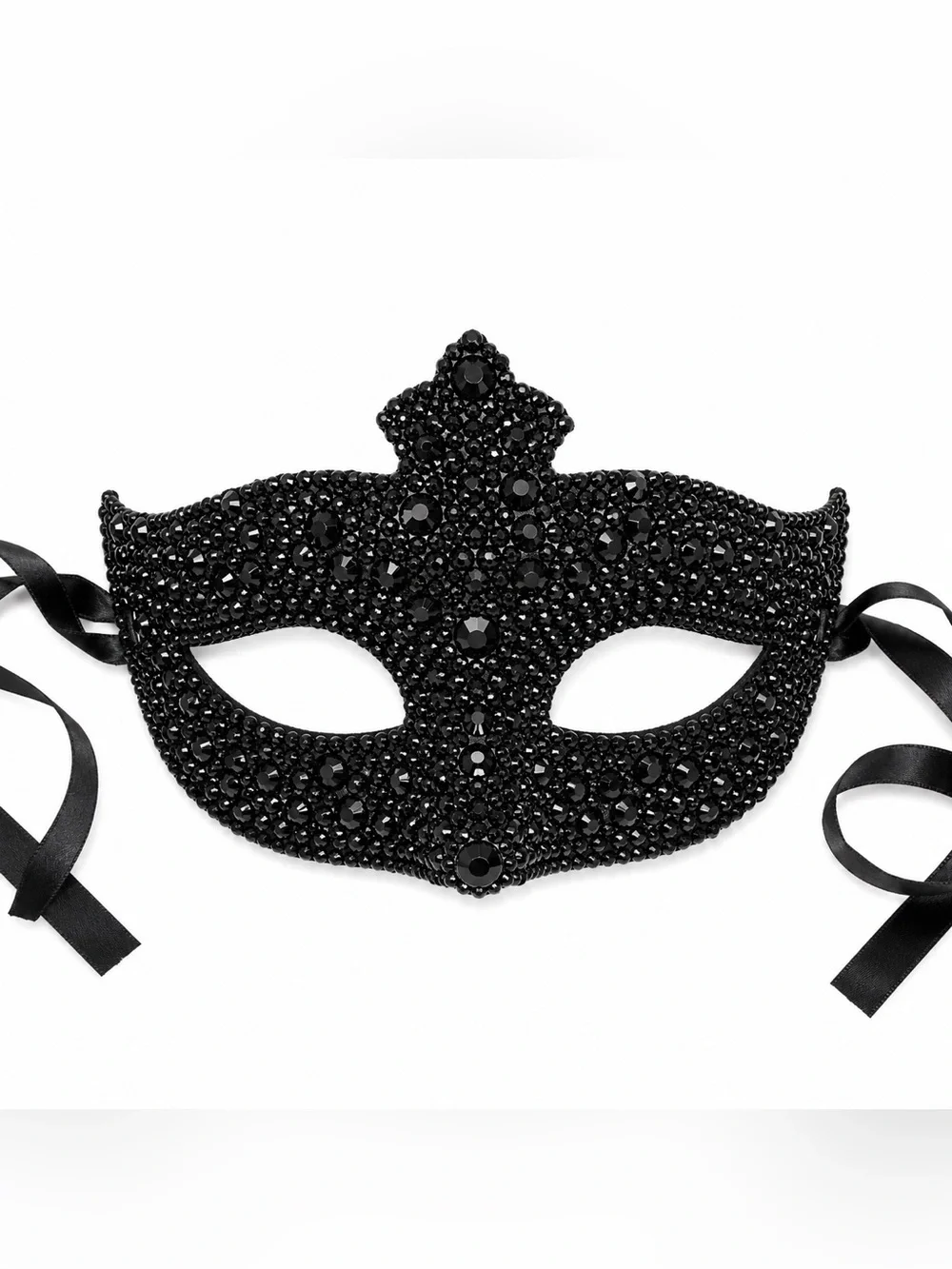 Jet Black Crystal Masquerade Face Mask With Ribbon Ties